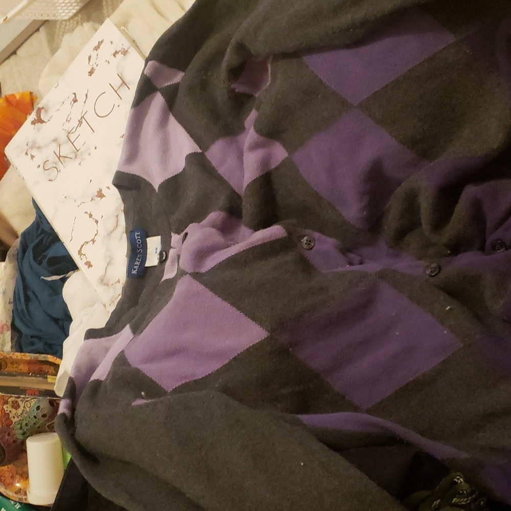 Karen Scott, medium, black and purple sweater.